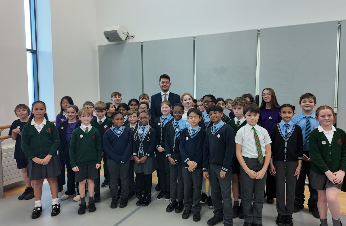 Ipswich MP Jack Abbott with pupils from St Margaret's, St Matthew's and Hillside Primary schools